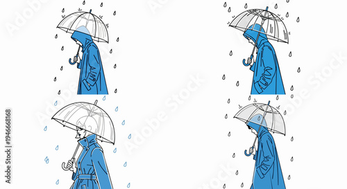 Sad person walking under umbrella during heavy rainfall illustration