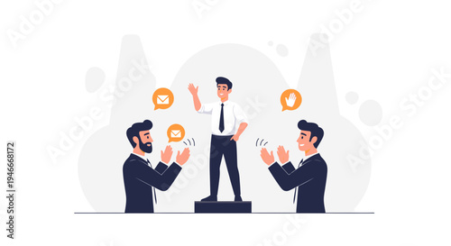 Successful businessman on podium receiving applause and recognition from colleagues