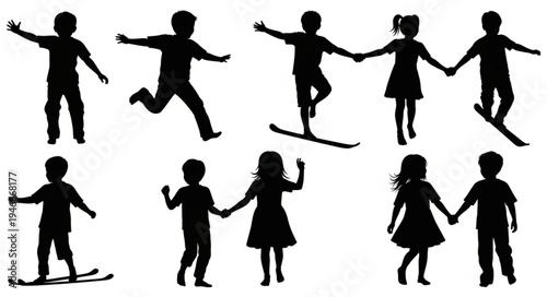 Children Skiing Silhouette Family.