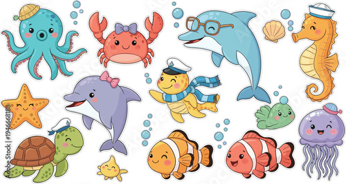 Cute Marine Animals Set with Octopus, Crab, Dolphin, Seahorse, Turtle, and Fish in Cartoon Style