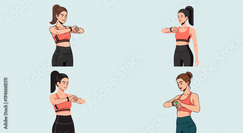 Female athletes checking fitness tracker smartwatch during workout routine