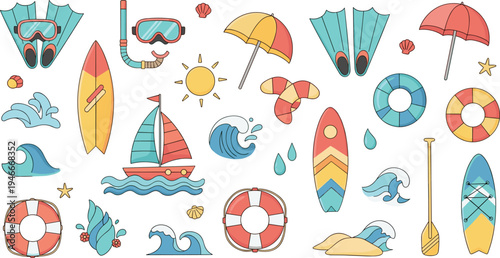 Summer Beach Essentials with Snorkel, Surfboard, Umbrella, Waves, and Lifebuoys in Cartoon Style