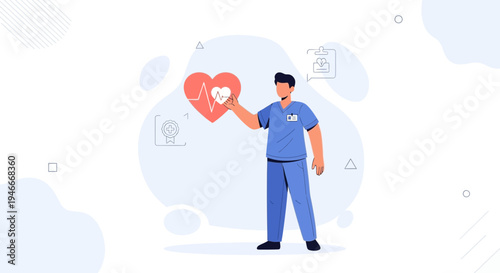 Doctor holding heart with electrocardiogram, symbolizing healthcare and cardiology