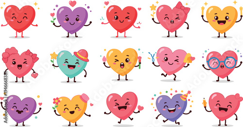 Kawaii Cute Heart Characters with Smiles, Flowers, Stars, and Accessories in Cartoon Style
