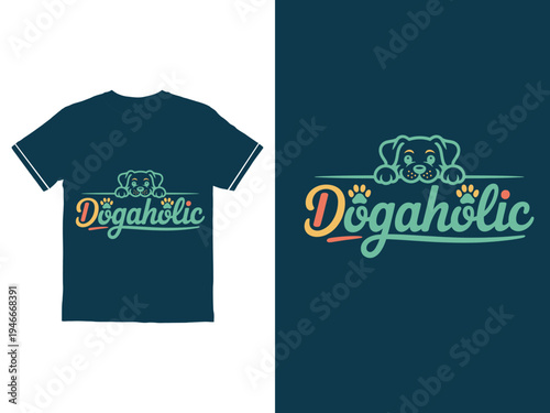 Playful dogthemed graphic design for tshirts featuring a cute puppy peeking over the word Dogaholic typhography t shirt design