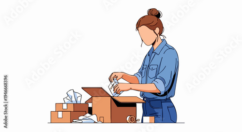 Woman efficiently packing orders into cardboard shipping boxes illustration