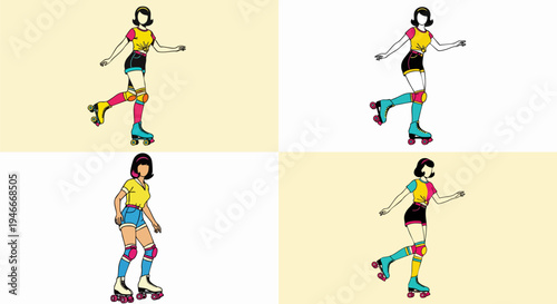 Vibrant retro woman roller skating vector graphic collection