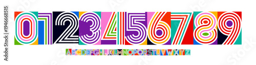 Color Numbers Letters Alphabet Font for Kid Birthday Years Logo, Corporate Anniversary Sign, Race Sport Team Jersey Numeric. Colorful Cutout Paper Typographic Design. Vector Illustration