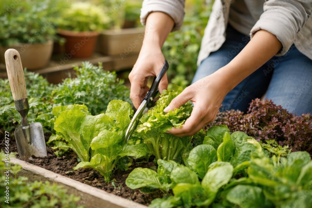 Fototapeta premium Person harvesting fresh lettuce and leafy greens in a home garden, using scissors to cut vegetables, surrounded by healthy plants and soil in a raised garden bed