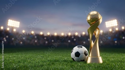 Generic football championship trophy with soccer ball on stadium field. Clean sports victory concept for football tournaments, championships and sports marketing.