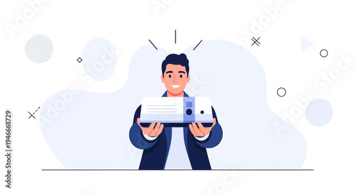 Man Holding a New Projector, Presenting Technology Concept
