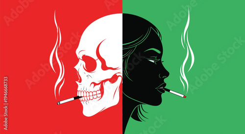 Vector graphic illustration showing contrasting effects of smoking with a skull and woman smoking cigarettes