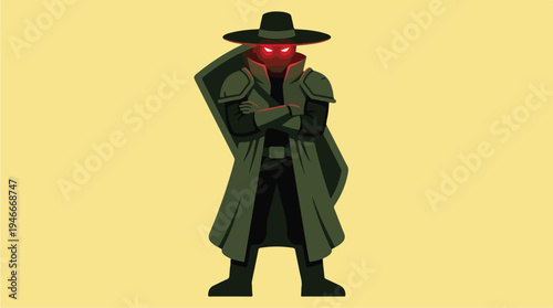 Mysterious Figure in Dark Trench Coat and Hat with Glowing Red Eyes.