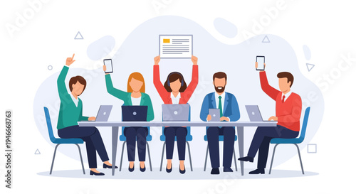 Teamwork meeting, people raising hands with phones and documents, business concept