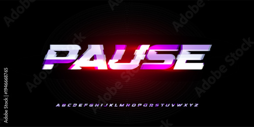 Pause Button Digital Sport Alphabet Font Gradient Vibrant Glow Red Neon Glitch Futuristic Typography, Gaming Cyberpunk Headline, UI Interface Dynamic Bold Typographic Design. Vector Illustration