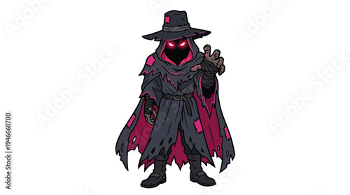 Mysterious hooded figure with glowing red eyes and tattered cloak.