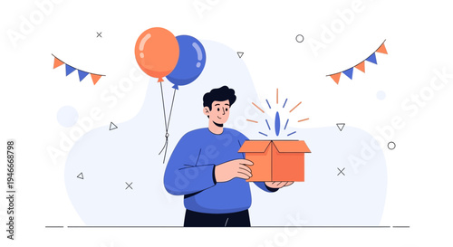 Man opening surprise gift box with balloons and party streamers, celebration concept