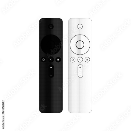 Modern TV remote control in black and white halftone style isolated on light background. Minimal smart home device for television, streaming and media control. Technology illustration.