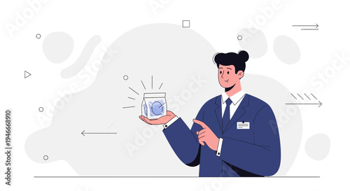 Businessman presenting glowing jar with blue liquid, innovation and success concept