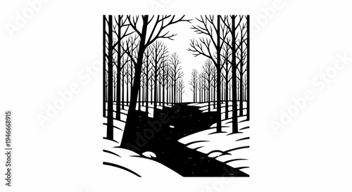 Bare trees line a snowy path leading into a dark forest