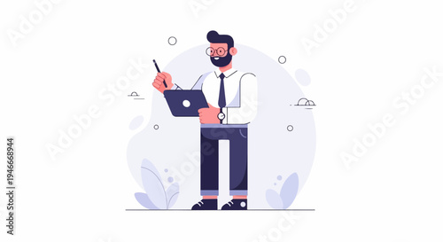 Bearded businessman in glasses holds tablet and stylus, standing by abstract shapes
