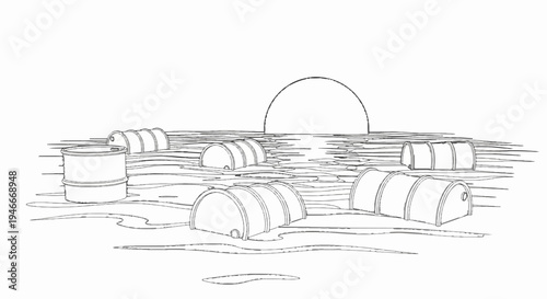 Barrels float on rippling water at sunset