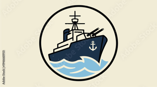 Naval Warship Illustration in a Circle Emblem.