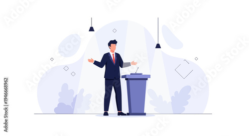 Businessman Speaking at Podium in Spotlight - Business Presentation Concept