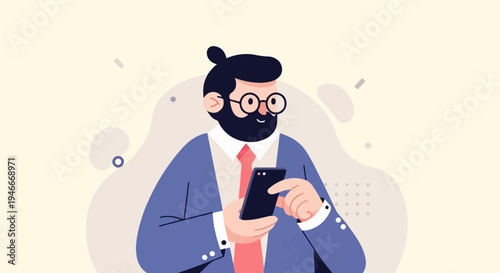 Bearded businessman in suit and tie uses smartphone with a smile