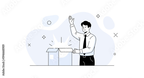 Man Opening Surprise Box, Receiving Gift, Business Concept, Innovation, Discovery