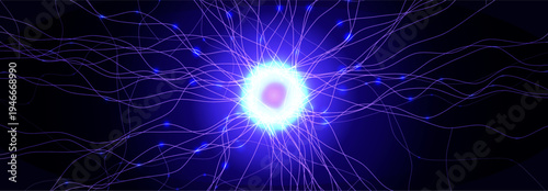 Neuron Firing Human Brain Neural Network Innovate Science Technology Background. Medical Neurology Bio Tech Scientific Research Banner Flash Glow Fractal. Blue AI Digital Net. Vector Illustration