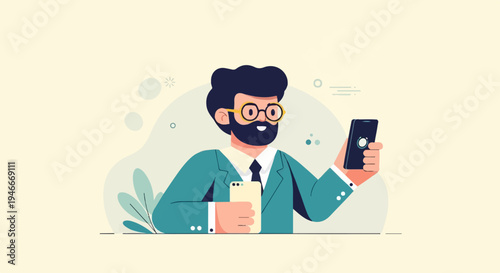 Bearded man in a suit holding two phones, one in each hand
