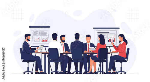 Business meeting in a modern office with charts and presentations