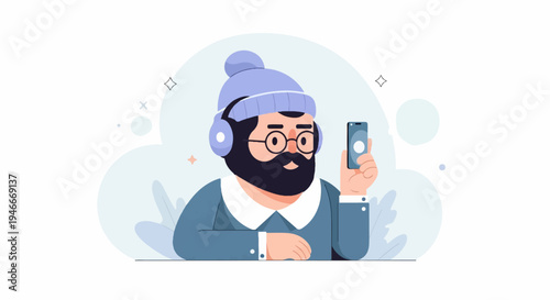 Bearded man in blue hat and headphones holds phone, surrounded by soft shapes