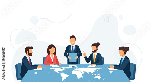 Diverse business team collaborates around a world map table, global strategy meeting