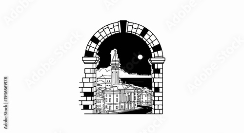 Archway framing a European cityscape at night with a full moon