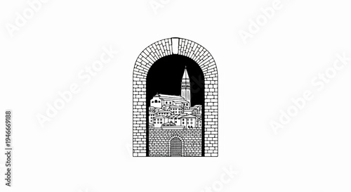 Archway revealing an old town with a tall church steeple and buildings