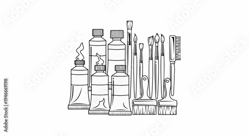 Art supplies including paint tubes and various brushes and a comb