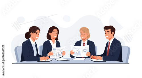 Business Meeting: Team Collaborating on Financial Reports at Table