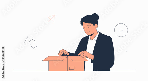 Businesswoman opening a cardboard box, receiving a package, modern flat illustration