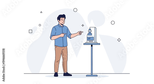 Man Demonstrating Scientific Equipment on Stand, Modern Flat Illustration