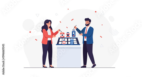 Business meeting with product presentation and confetti celebration