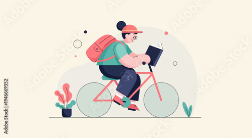 Animated person rides bicycle reading a book, backpack, plants