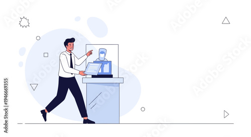 Man presenting digital avatar on screen, technology, innovation, business meeting concept