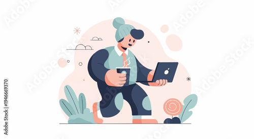Animated person walks with laptop and coffee in whimsical, abstract setting
