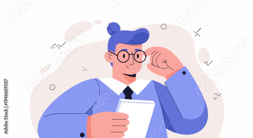 Animated person wearing glasses adjusts spectacles while holding a document