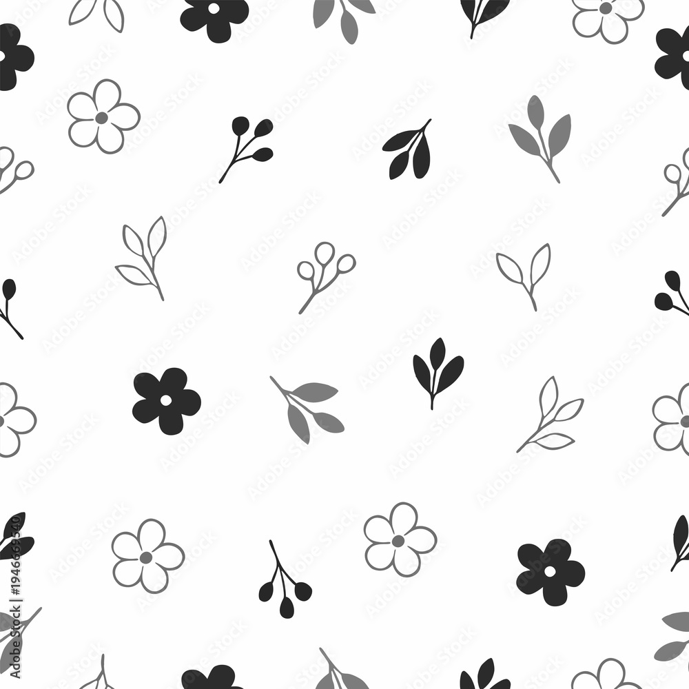Fototapeta premium Minimal seamless floral pattern with simple black and gray flowers and leaves on a light background, perfect for modern textiles and clean surface designs.