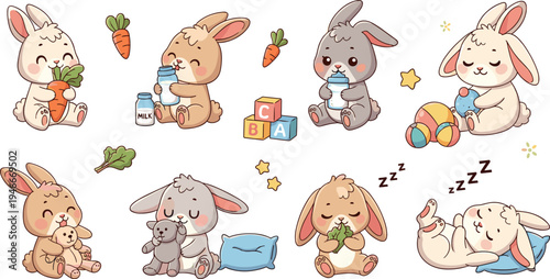 Cute baby bunny activities set with milk bottle, toys, carrot snack, sleeping rabbit characters kawaii animal vector illustration