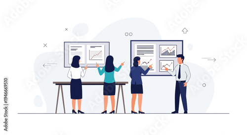 Business team analyzing charts and graphs on presentation boards during a meeting.