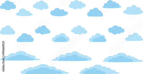 Blue cloud vector graphics in various shapes and sizes on white background